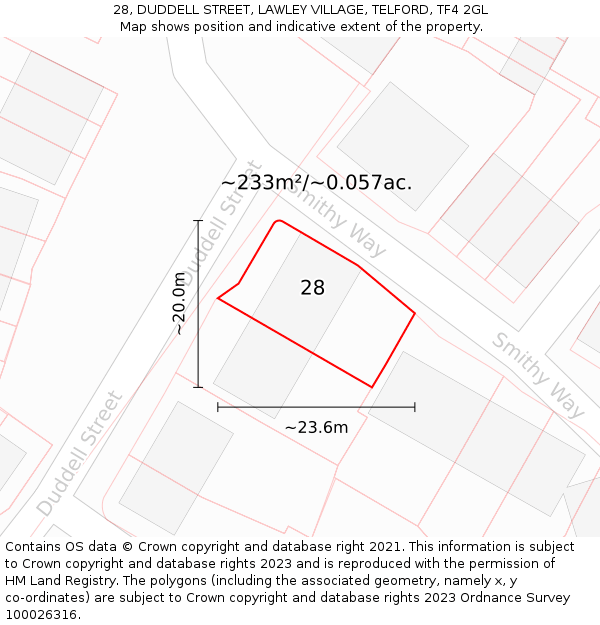 28, DUDDELL STREET, LAWLEY VILLAGE, TELFORD, TF4 2GL: Plot and title map