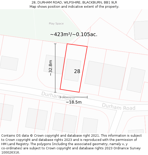 28, DURHAM ROAD, WILPSHIRE, BLACKBURN, BB1 9LR: Plot and title map