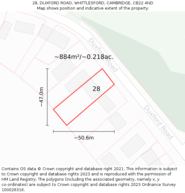 28, DUXFORD ROAD, WHITTLESFORD, CAMBRIDGE, CB22 4ND: Plot and title map