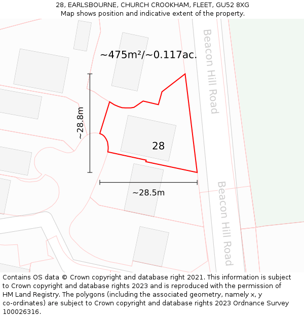 28, EARLSBOURNE, CHURCH CROOKHAM, FLEET, GU52 8XG: Plot and title map