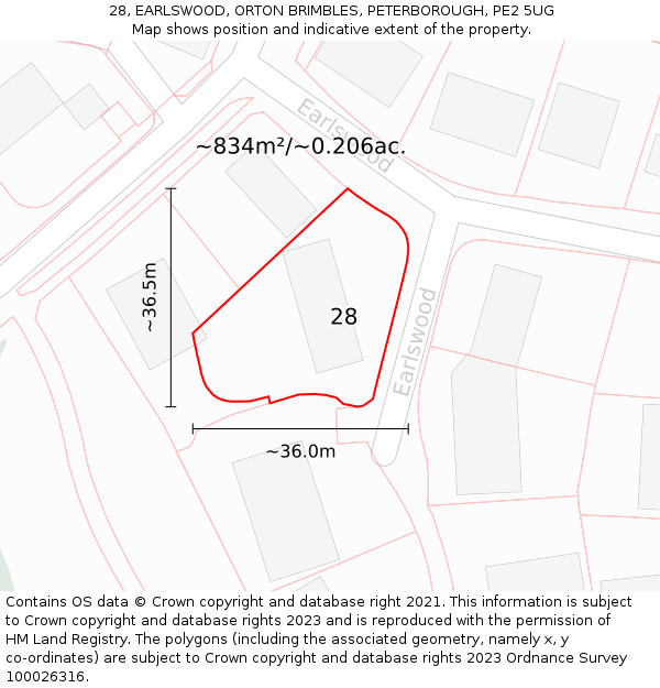 28, EARLSWOOD, ORTON BRIMBLES, PETERBOROUGH, PE2 5UG: Plot and title map