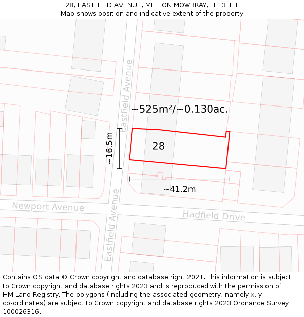 28, EASTFIELD AVENUE, MELTON MOWBRAY, LE13 1TE: Plot and title map