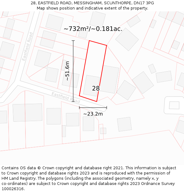 28, EASTFIELD ROAD, MESSINGHAM, SCUNTHORPE, DN17 3PG: Plot and title map