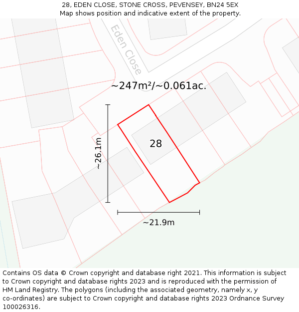 28, EDEN CLOSE, STONE CROSS, PEVENSEY, BN24 5EX: Plot and title map