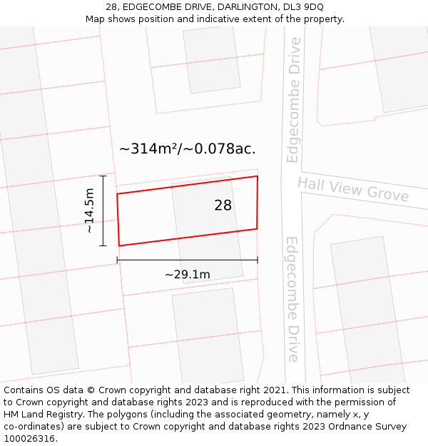 28, EDGECOMBE DRIVE, DARLINGTON, DL3 9DQ: Plot and title map