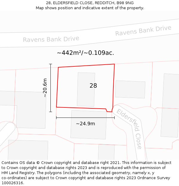 28, ELDERSFIELD CLOSE, REDDITCH, B98 9NG: Plot and title map