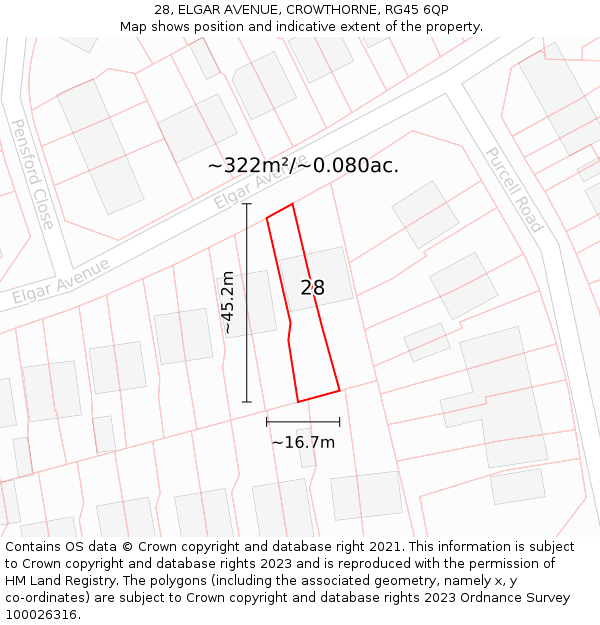 28, ELGAR AVENUE, CROWTHORNE, RG45 6QP: Plot and title map