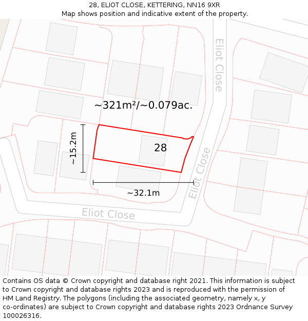 28, ELIOT CLOSE, KETTERING, NN16 9XR: Plot and title map