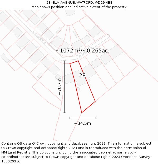 28, ELM AVENUE, WATFORD, WD19 4BE: Plot and title map