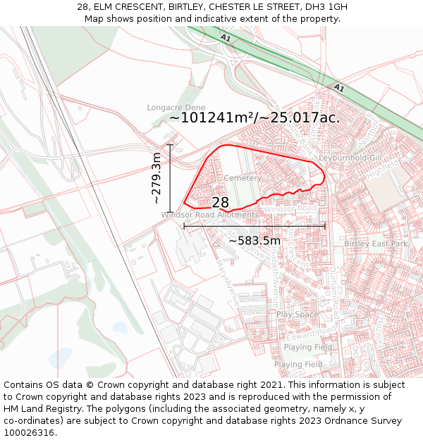 28, ELM CRESCENT, BIRTLEY, CHESTER LE STREET, DH3 1GH: Plot and title map