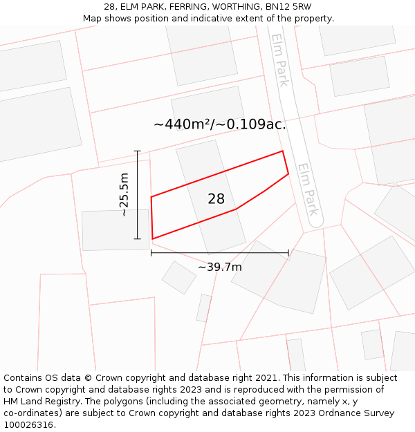 28, ELM PARK, FERRING, WORTHING, BN12 5RW: Plot and title map