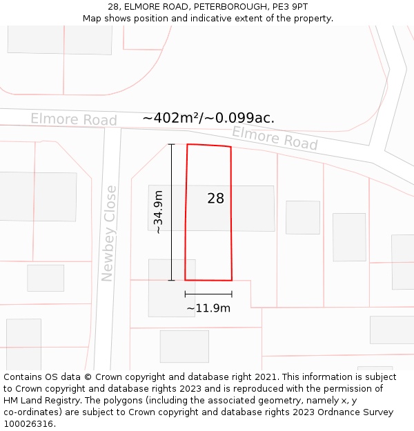 28, ELMORE ROAD, PETERBOROUGH, PE3 9PT: Plot and title map