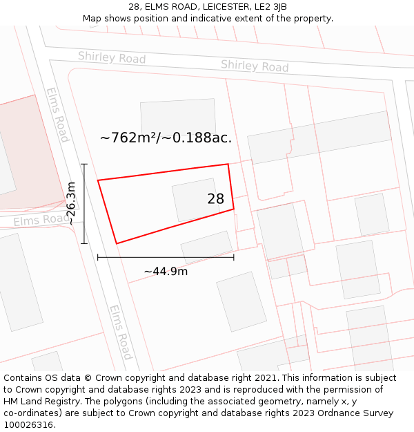 28, ELMS ROAD, LEICESTER, LE2 3JB: Plot and title map