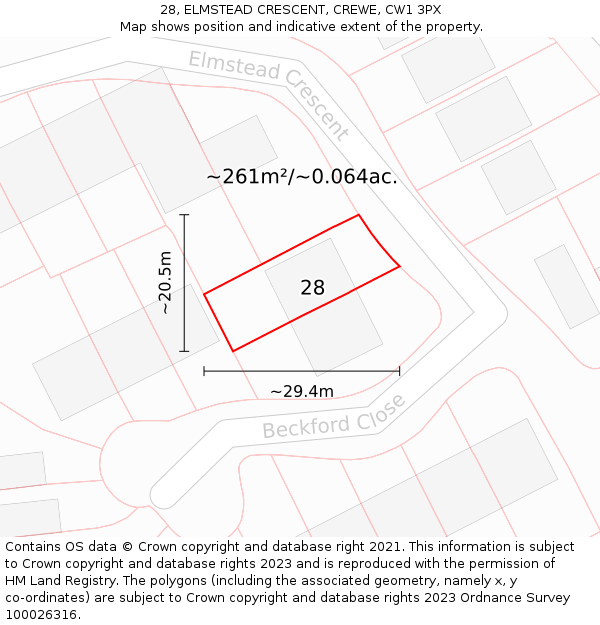 28, ELMSTEAD CRESCENT, CREWE, CW1 3PX: Plot and title map