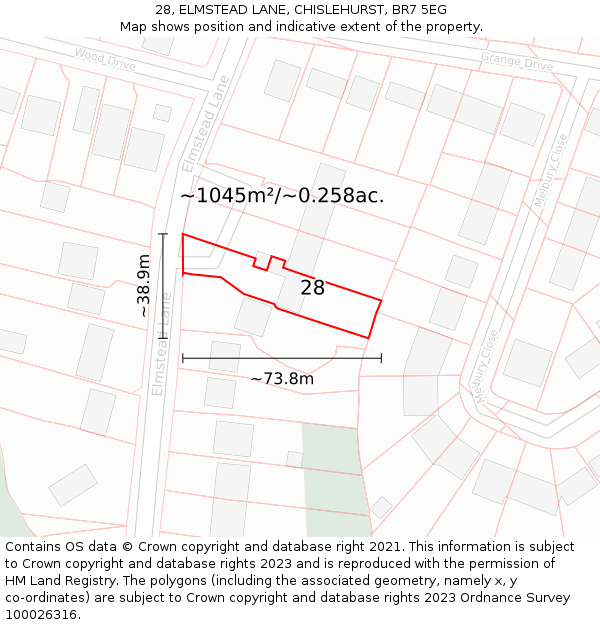 28, ELMSTEAD LANE, CHISLEHURST, BR7 5EG: Plot and title map