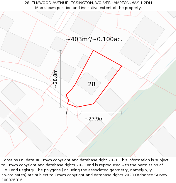 28, ELMWOOD AVENUE, ESSINGTON, WOLVERHAMPTON, WV11 2DH: Plot and title map