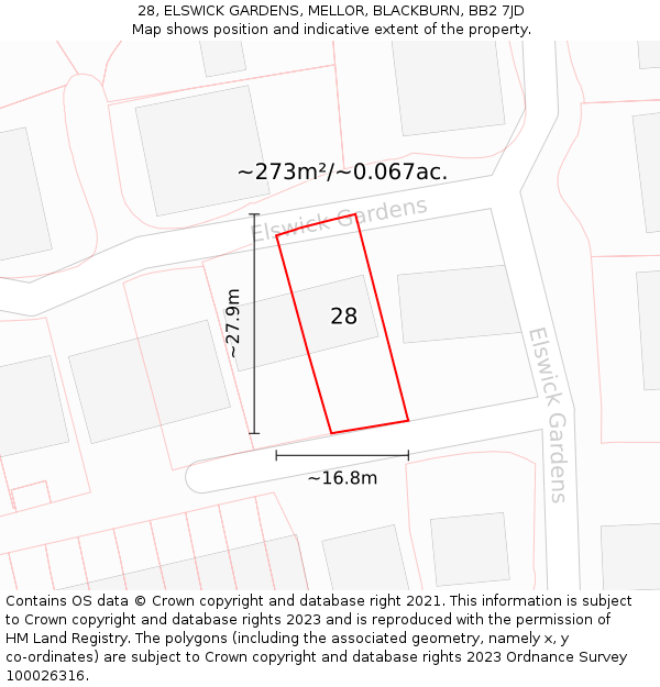 28, ELSWICK GARDENS, MELLOR, BLACKBURN, BB2 7JD: Plot and title map