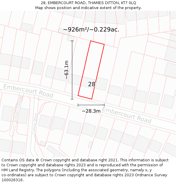 28, EMBERCOURT ROAD, THAMES DITTON, KT7 0LQ: Plot and title map