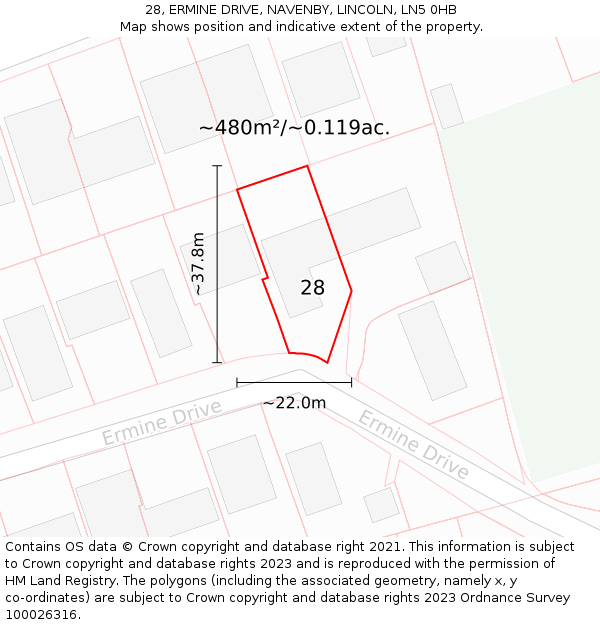 28, ERMINE DRIVE, NAVENBY, LINCOLN, LN5 0HB: Plot and title map