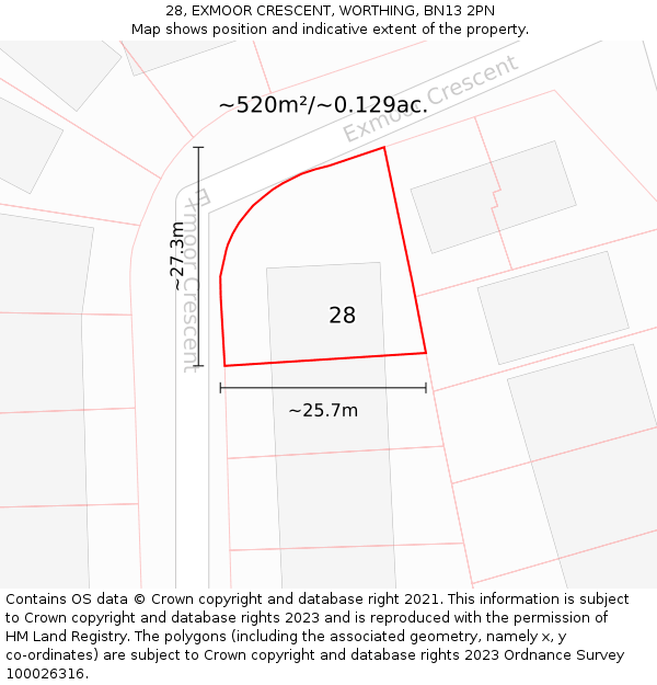 28, EXMOOR CRESCENT, WORTHING, BN13 2PN: Plot and title map