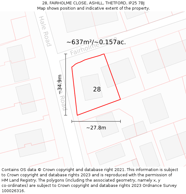 28, FAIRHOLME CLOSE, ASHILL, THETFORD, IP25 7BJ: Plot and title map