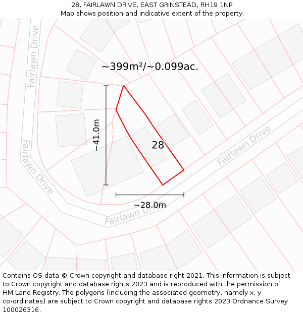 28, FAIRLAWN DRIVE, EAST GRINSTEAD, RH19 1NP: Plot and title map