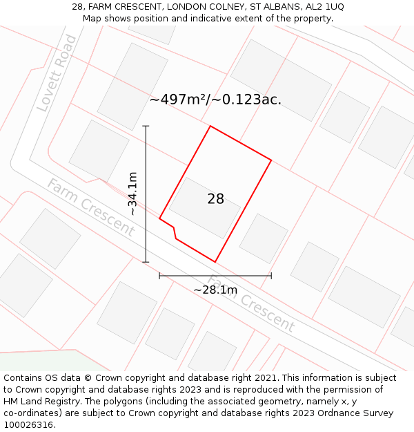 28, FARM CRESCENT, LONDON COLNEY, ST ALBANS, AL2 1UQ: Plot and title map