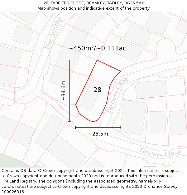 28, FARRIERS CLOSE, BRAMLEY, TADLEY, RG26 5AX: Plot and title map