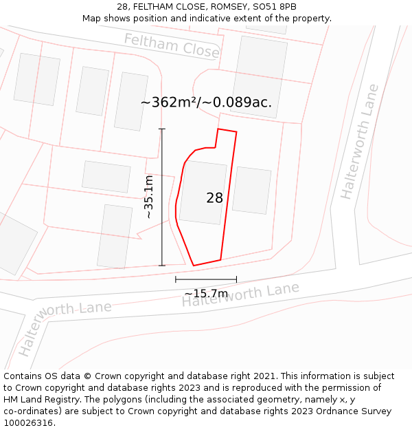 28, FELTHAM CLOSE, ROMSEY, SO51 8PB: Plot and title map