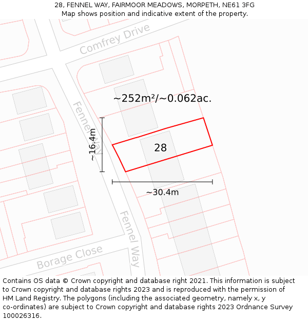 28, FENNEL WAY, FAIRMOOR MEADOWS, MORPETH, NE61 3FG: Plot and title map