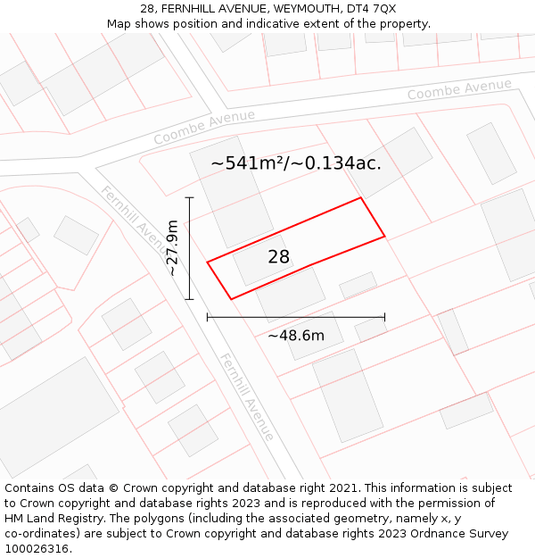 28, FERNHILL AVENUE, WEYMOUTH, DT4 7QX: Plot and title map