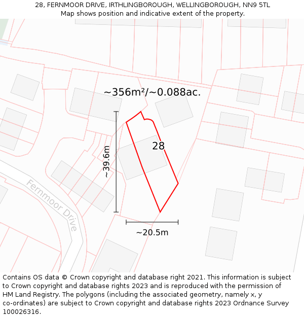 28, FERNMOOR DRIVE, IRTHLINGBOROUGH, WELLINGBOROUGH, NN9 5TL: Plot and title map