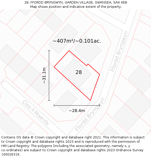 28, FFORDD BRYNGWYN, GARDEN VILLAGE, SWANSEA, SA4 4EB: Plot and title map