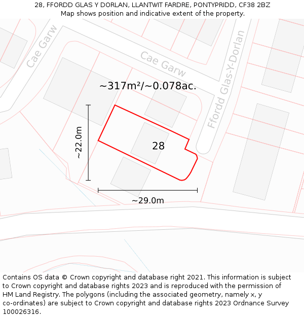 28, FFORDD GLAS Y DORLAN, LLANTWIT FARDRE, PONTYPRIDD, CF38 2BZ: Plot and title map