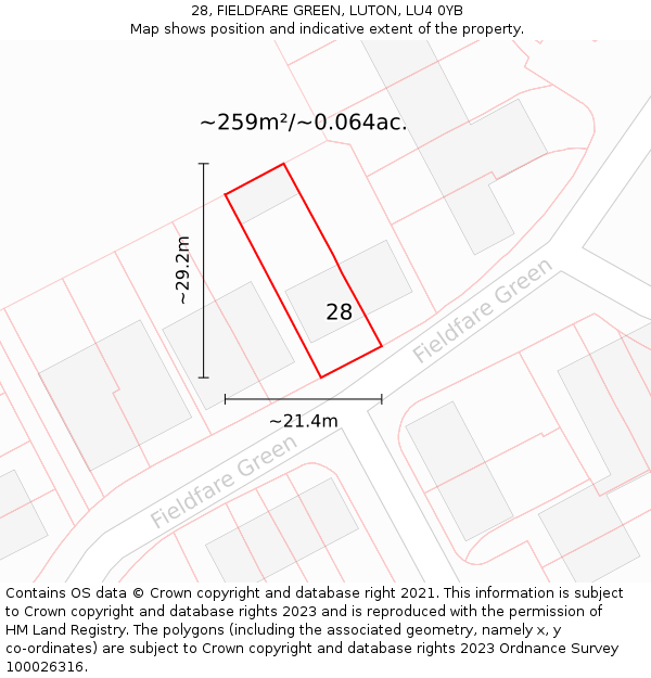 28, FIELDFARE GREEN, LUTON, LU4 0YB: Plot and title map