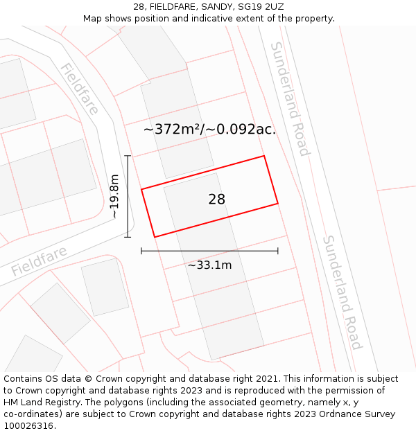 28, FIELDFARE, SANDY, SG19 2UZ: Plot and title map