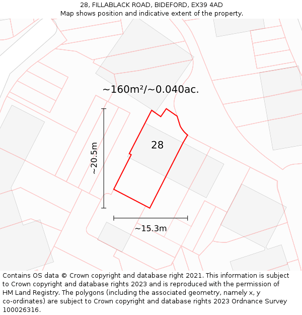 28, FILLABLACK ROAD, BIDEFORD, EX39 4AD: Plot and title map