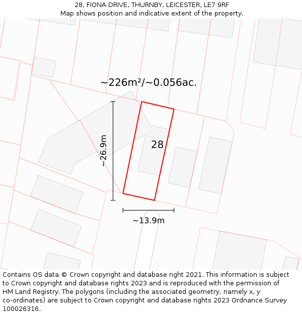 28, FIONA DRIVE, THURNBY, LEICESTER, LE7 9RF: Plot and title map