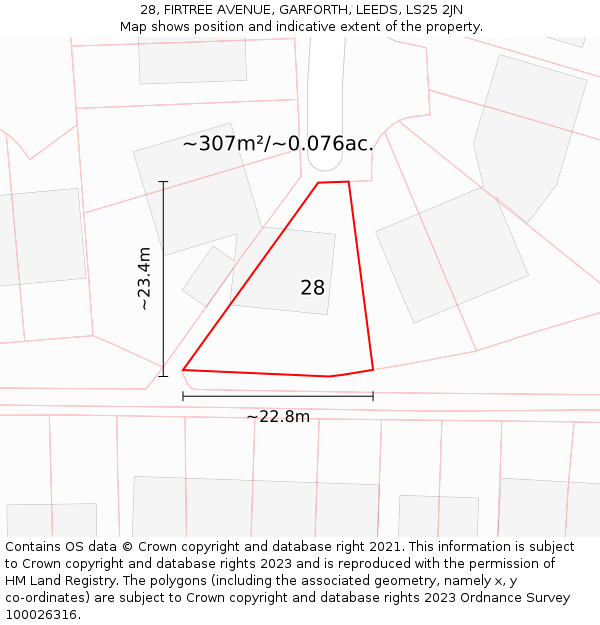 28, FIRTREE AVENUE, GARFORTH, LEEDS, LS25 2JN: Plot and title map