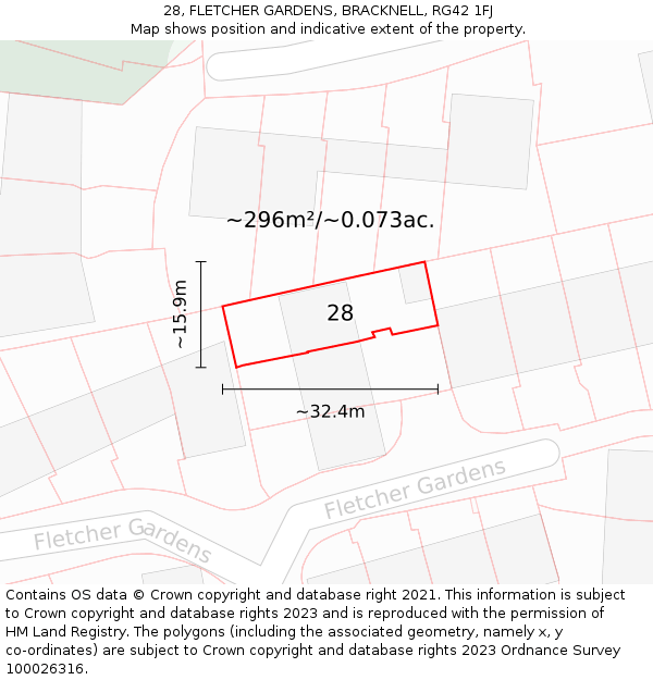 28, FLETCHER GARDENS, BRACKNELL, RG42 1FJ: Plot and title map