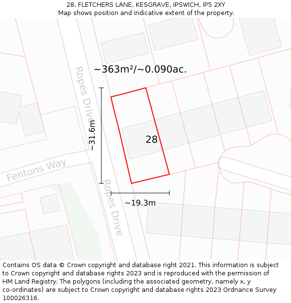 28, FLETCHERS LANE, KESGRAVE, IPSWICH, IP5 2XY: Plot and title map