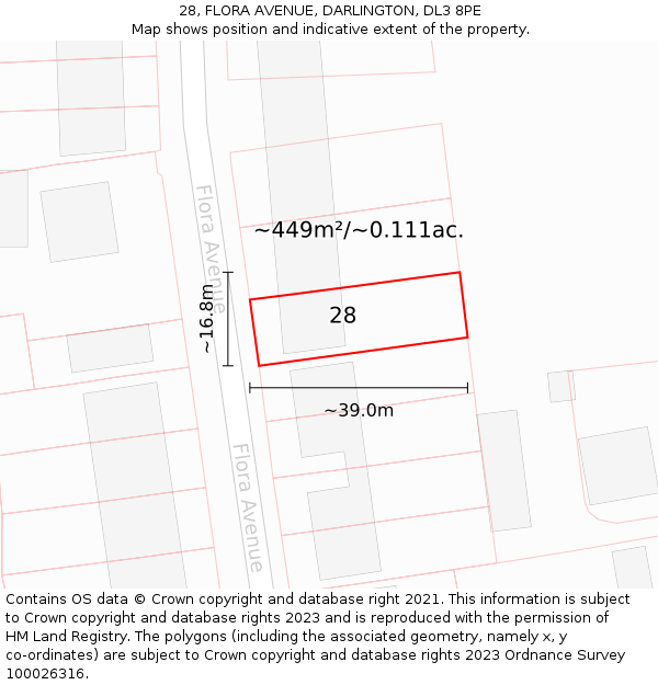 28, FLORA AVENUE, DARLINGTON, DL3 8PE: Plot and title map