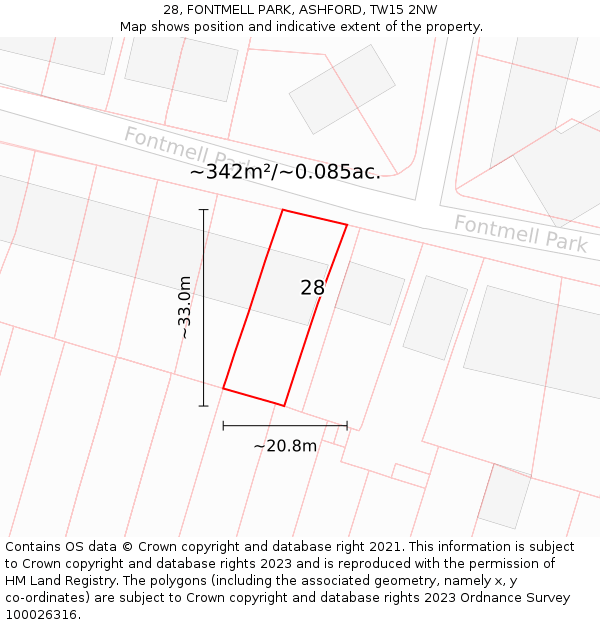 28, FONTMELL PARK, ASHFORD, TW15 2NW: Plot and title map