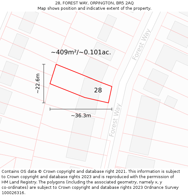 28, FOREST WAY, ORPINGTON, BR5 2AQ: Plot and title map