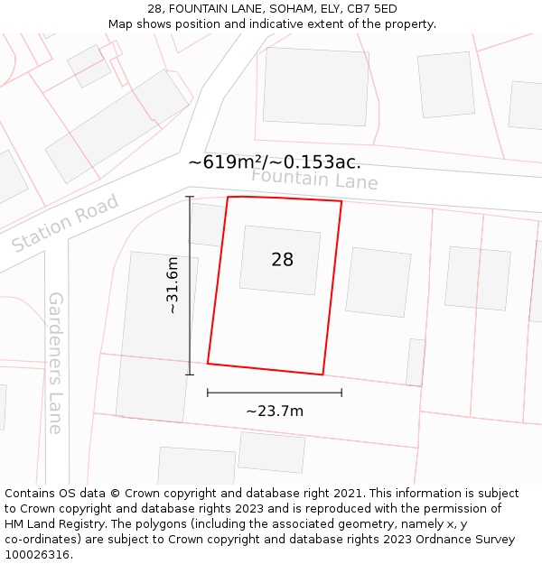 28, FOUNTAIN LANE, SOHAM, ELY, CB7 5ED: Plot and title map