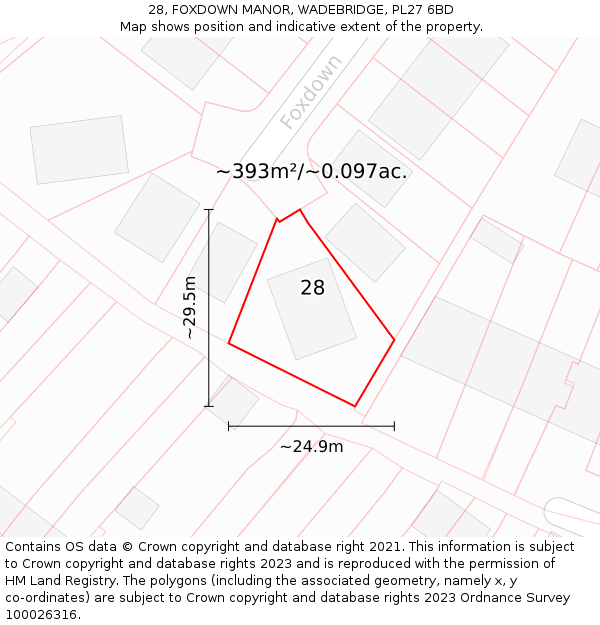28, FOXDOWN MANOR, WADEBRIDGE, PL27 6BD: Plot and title map
