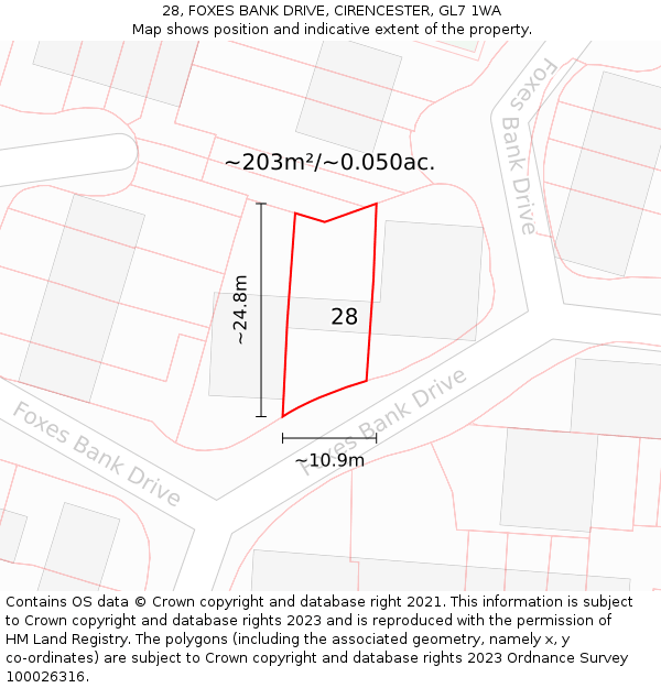 28, FOXES BANK DRIVE, CIRENCESTER, GL7 1WA: Plot and title map