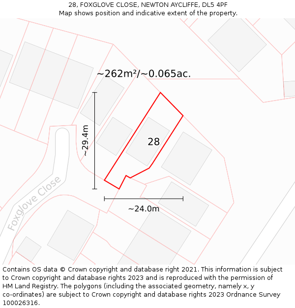 28, FOXGLOVE CLOSE, NEWTON AYCLIFFE, DL5 4PF: Plot and title map