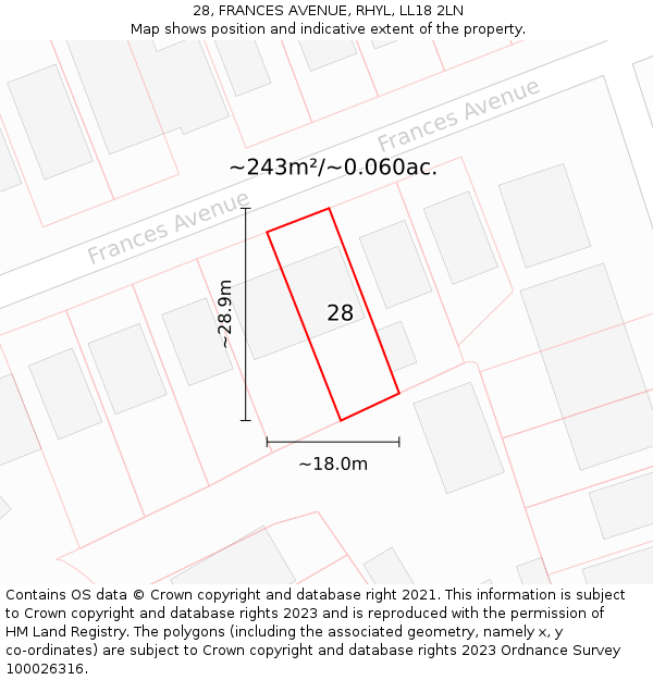 28, FRANCES AVENUE, RHYL, LL18 2LN: Plot and title map