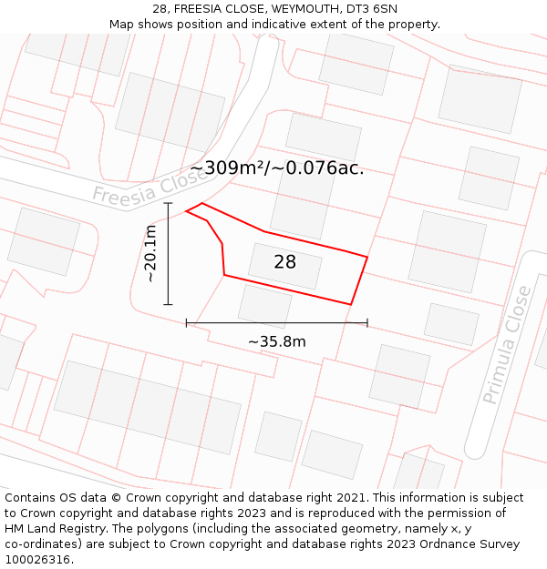28, FREESIA CLOSE, WEYMOUTH, DT3 6SN: Plot and title map